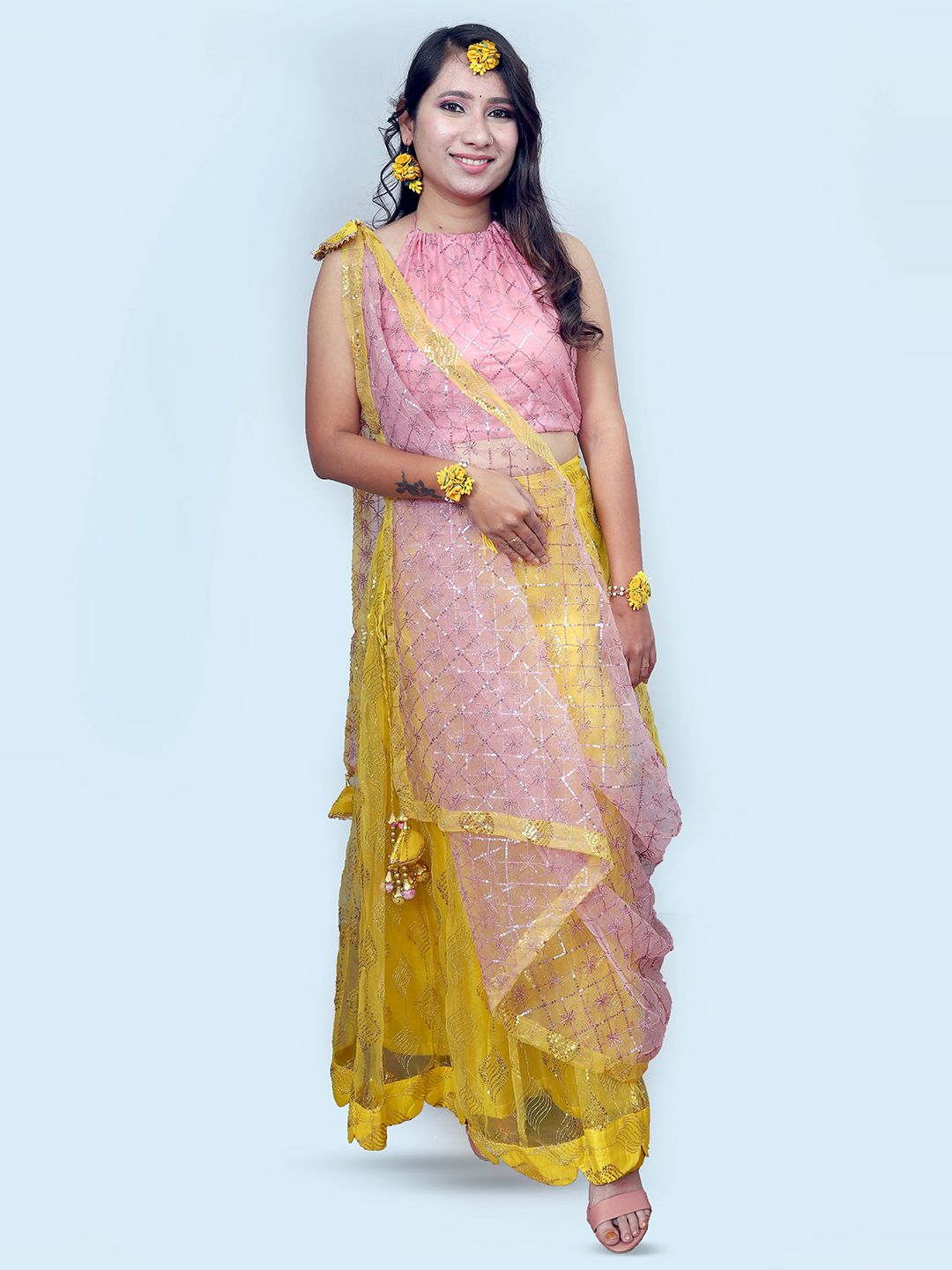 WEAVERS SAGA Yellow & Pink Embellished Ready to Wear Lehenga & Blouse With Dupatta