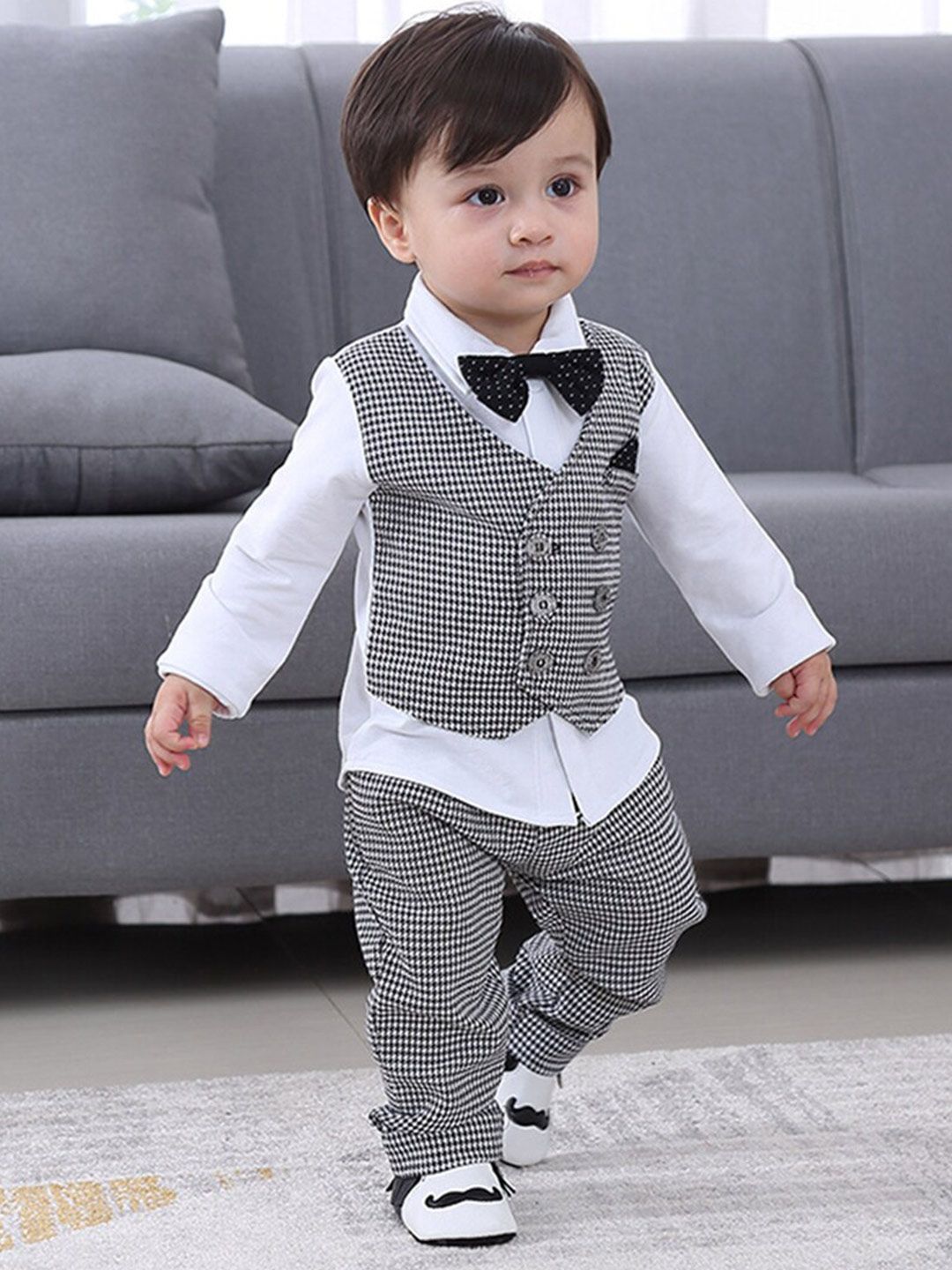 INCLUD Boys Self Design Double-Breasted Waistcoat & Trouser With Shirt