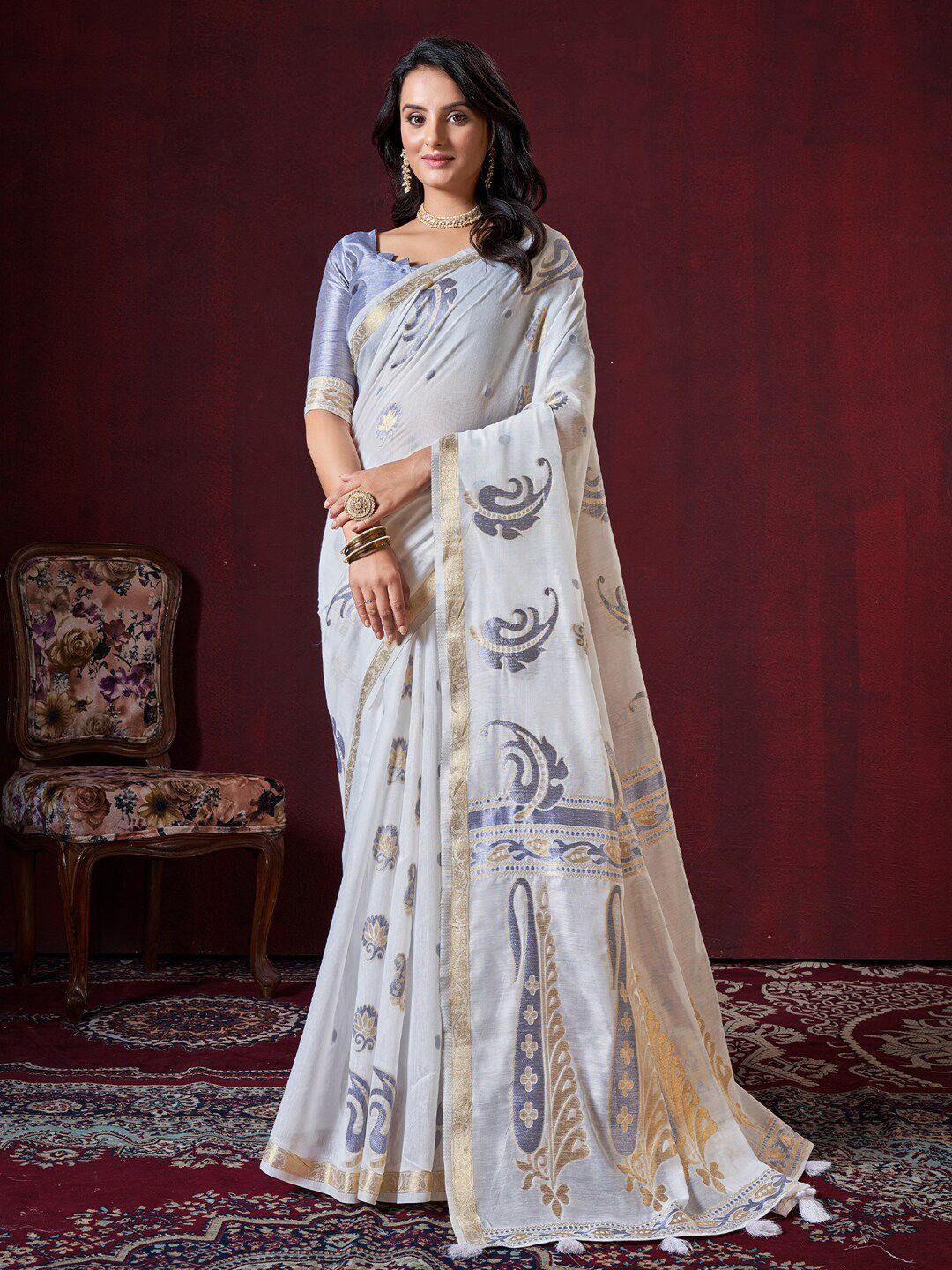Mitera Off White Ethnic Motifs Zari Designer Banarasi Saree Price in India