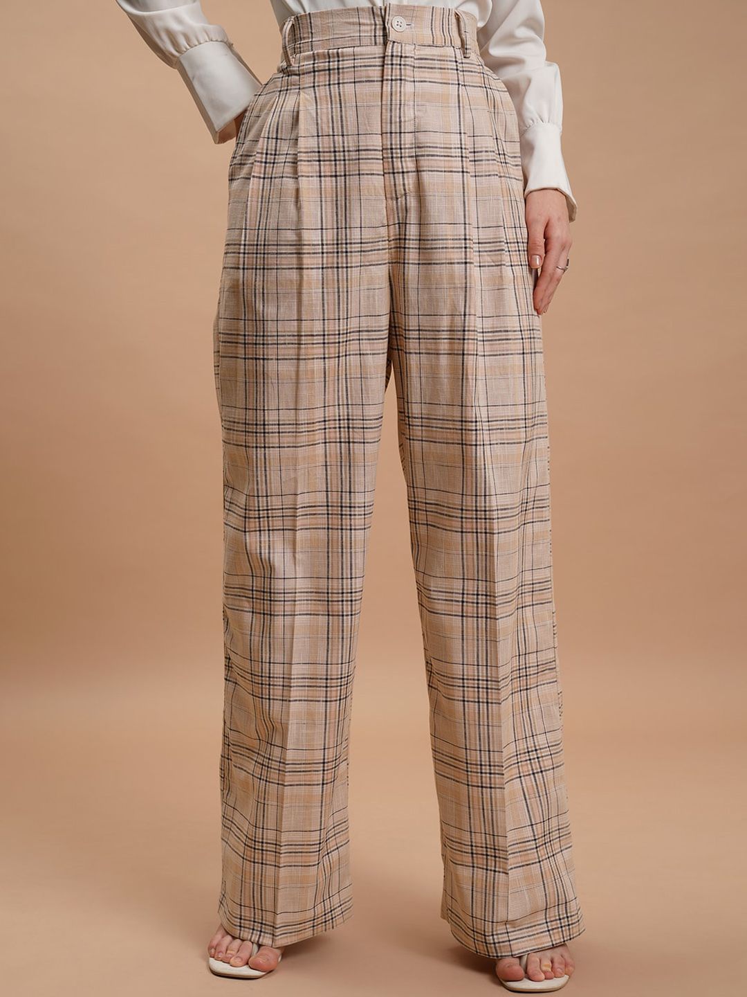 Tokyo Talkies Women Beige Checked Flared Trousers Price in India