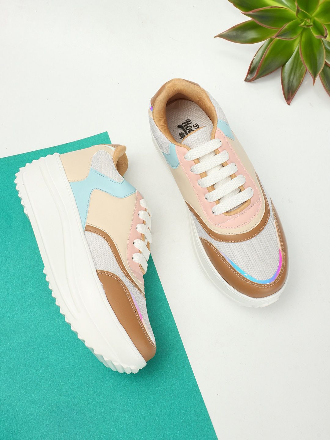 The Roadster Lifestyle Co. Women Pink & Brown Colorblocked Comfort Flatform Sneakers