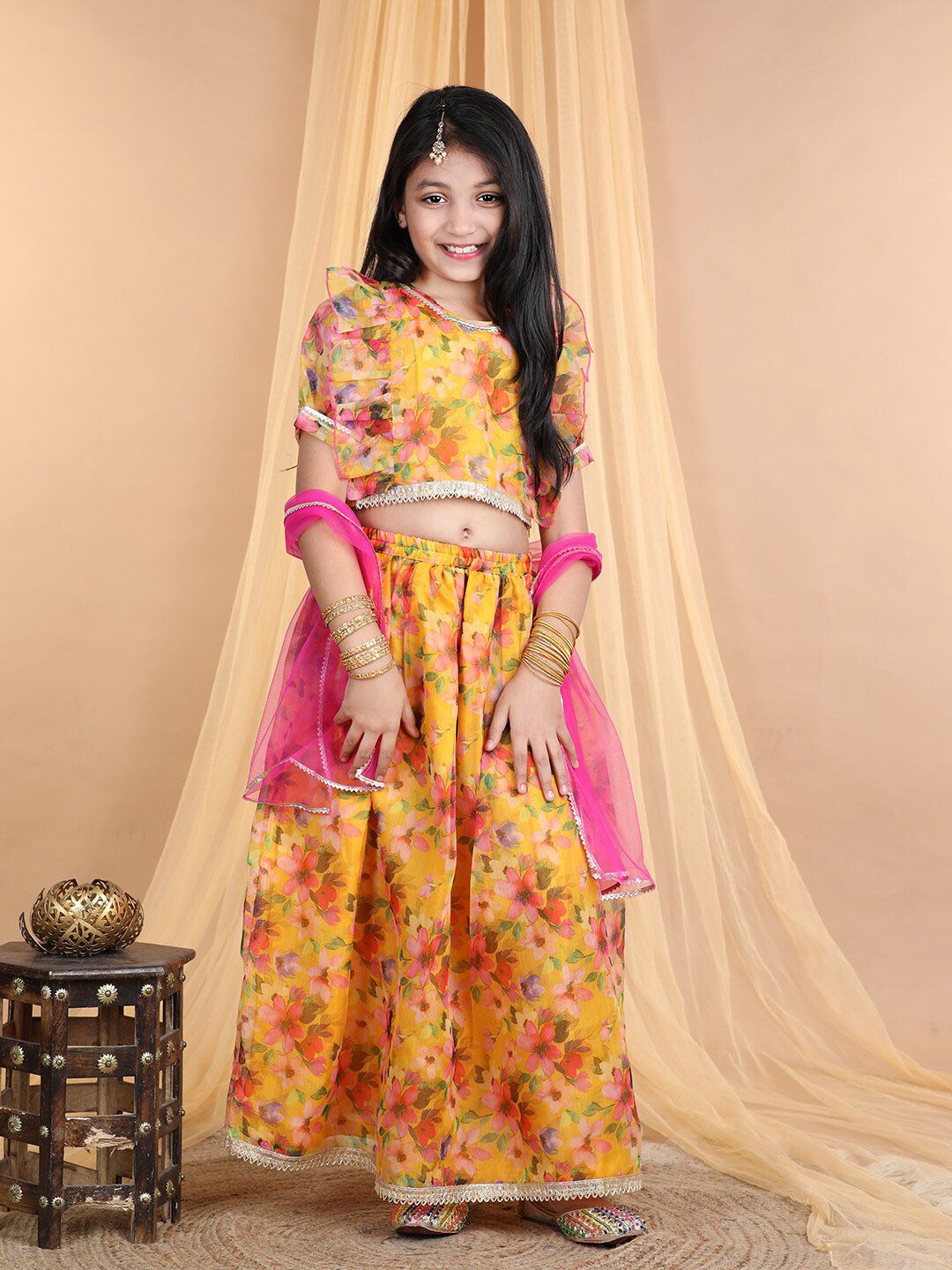 Cutiekins Girls Printed Gotta Patti Ready To Wear Organza Lehenga & Blouse With Dupatta Price in India