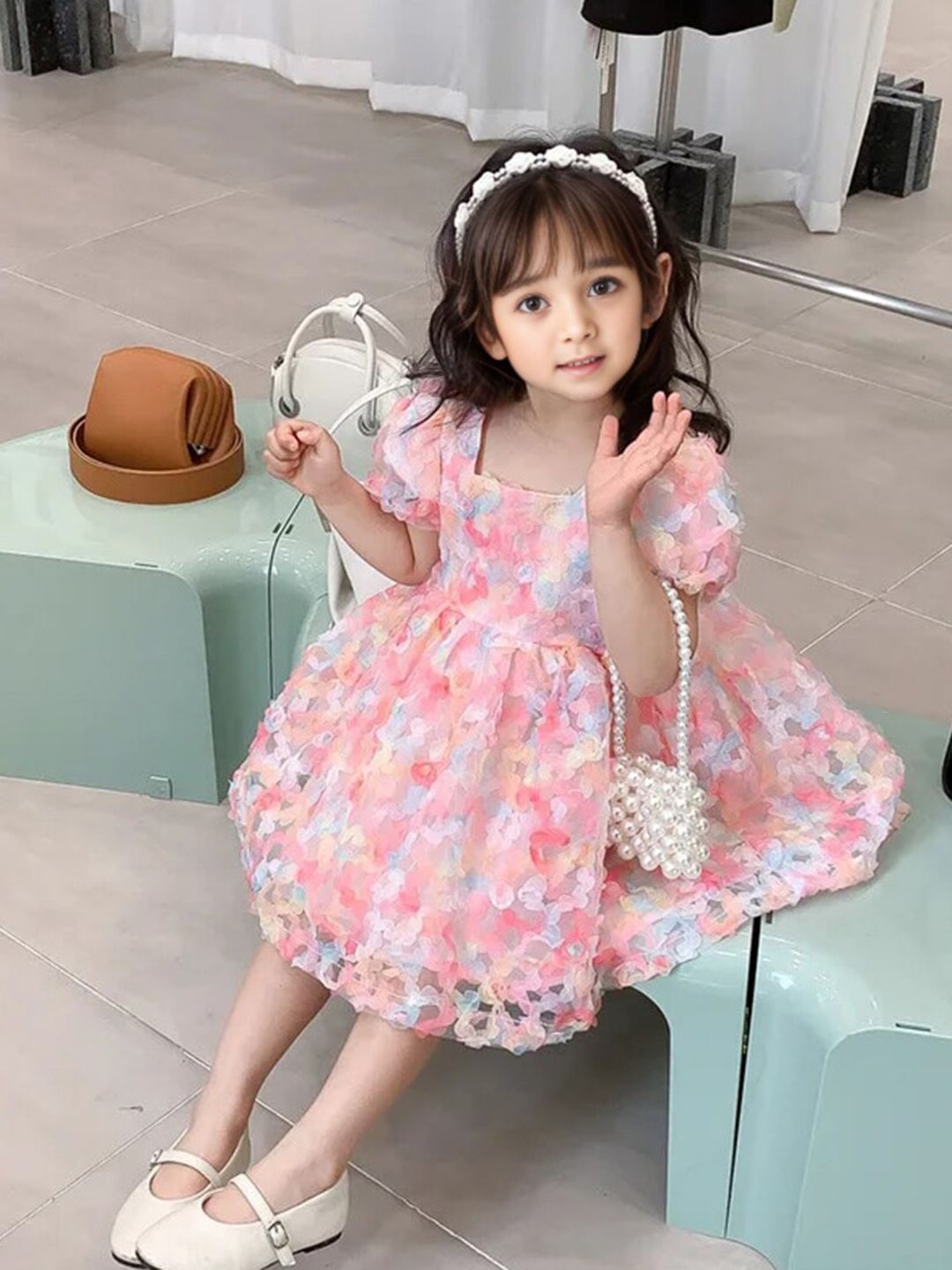 INCLUD Floral Printed Square Neck Bow Detailed Cotton Fit & Flare Dress