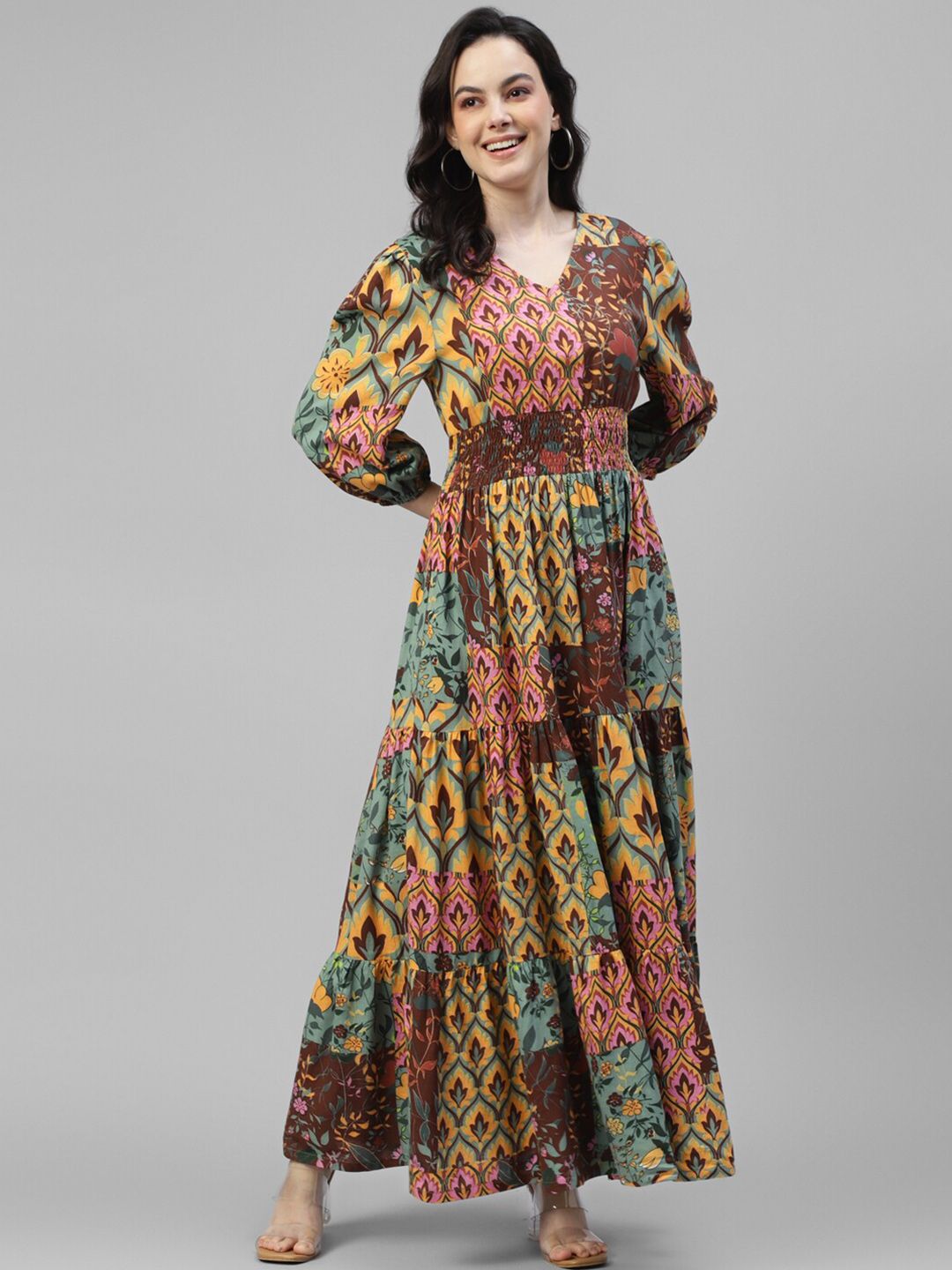 DEEBACO Multicoloured Floral Print Puff Sleeve Fit & Flare Maxi Dress