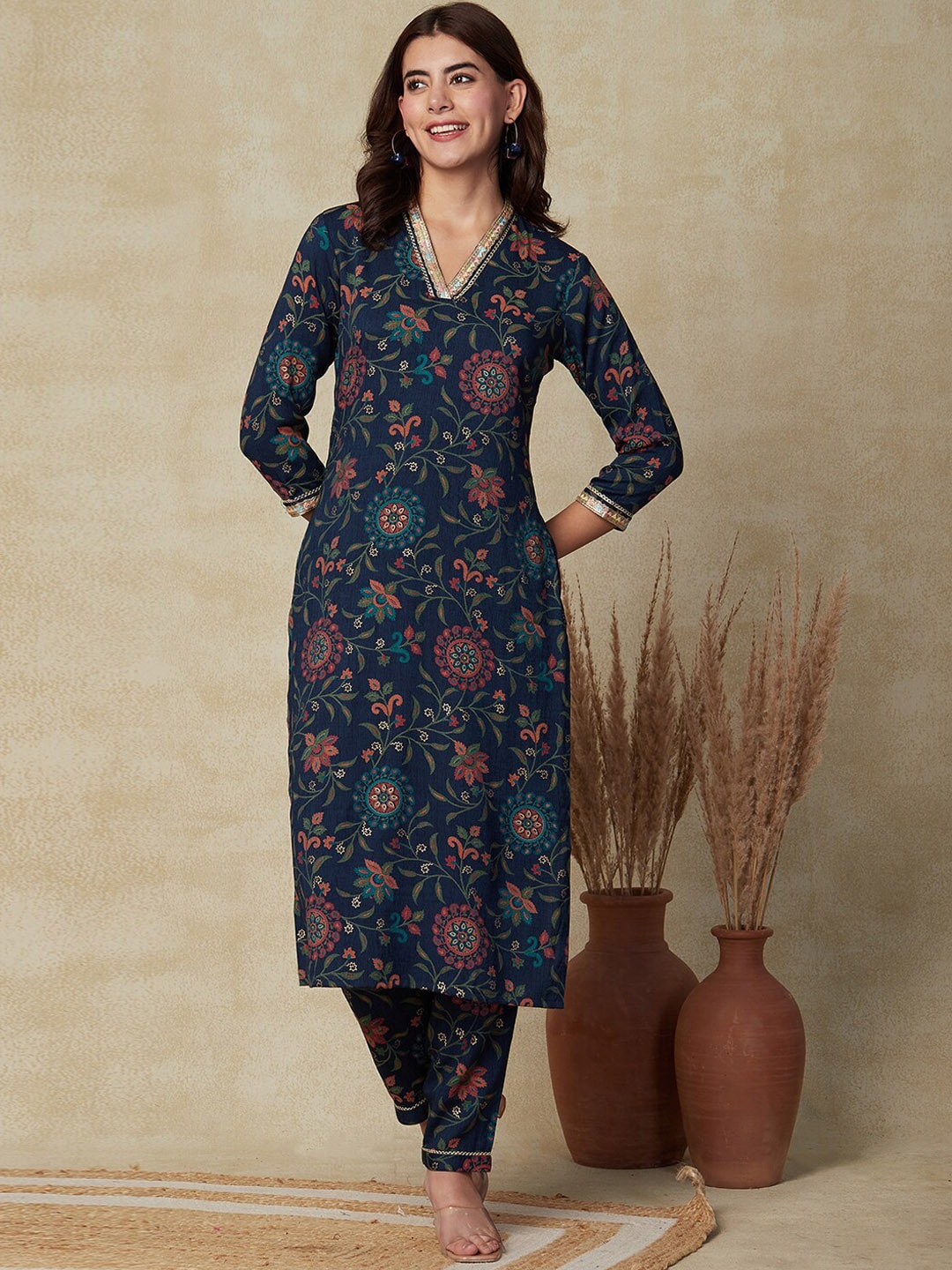 FASHOR Navy Blue Floral Foil Printed Zari & Sequined Lace Detail Kurta with Trousers Price in India