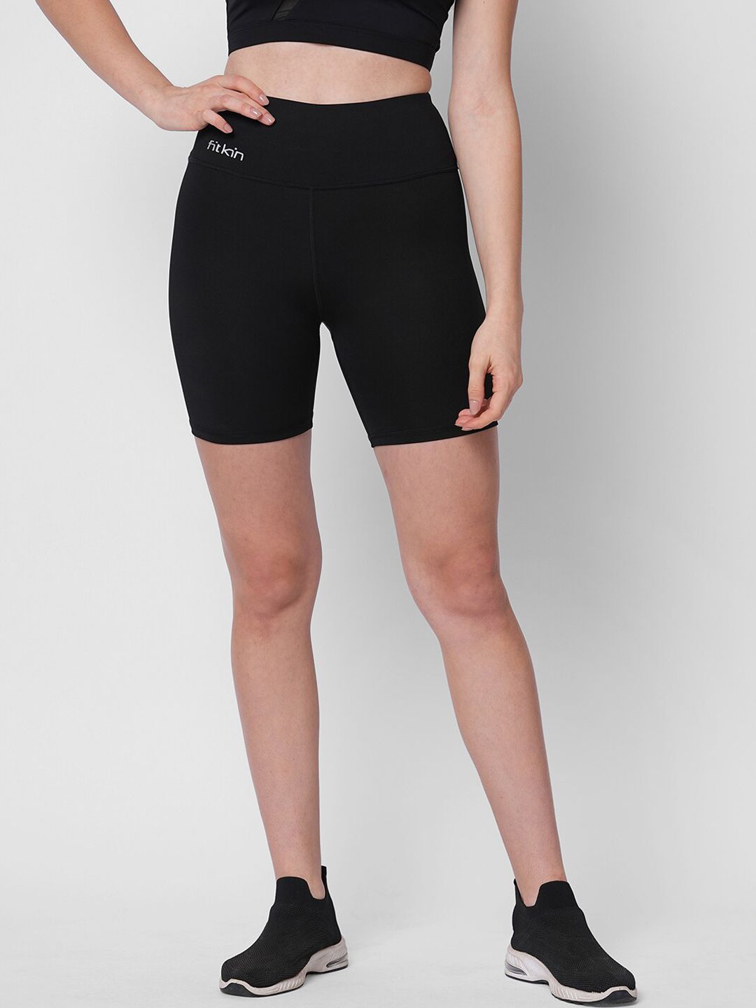 Fitkin Women Black High-Rise Training or Gym Sports Shorts Price in India