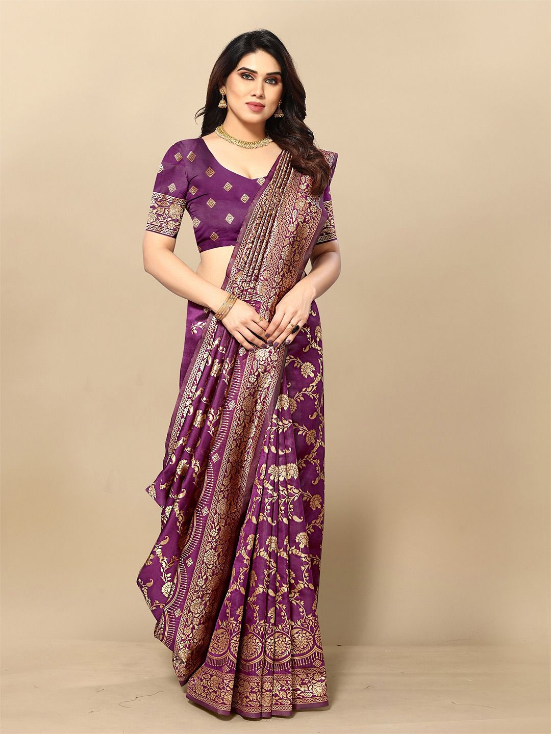 Sidhidata Magenta Embellished Zari Silk Blend Designer Banarasi Saree Price in India