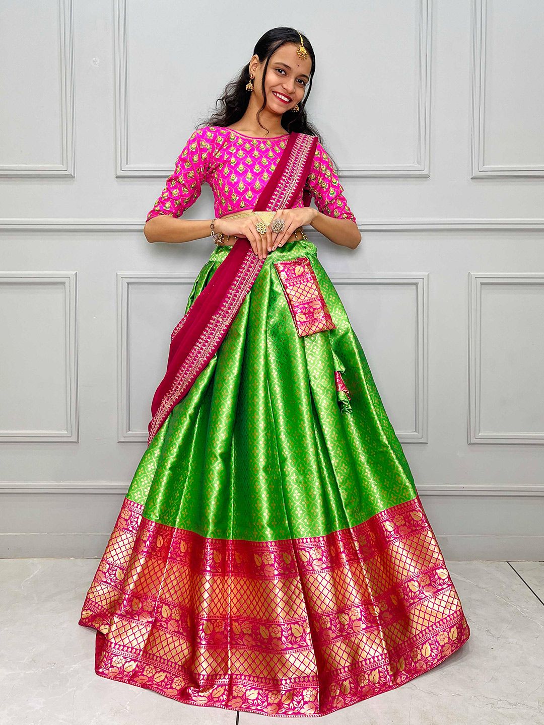 Fabcartz Lime Green Semi-Stitched Lehenga & Unstitched Blouse With Dupatta Price in India