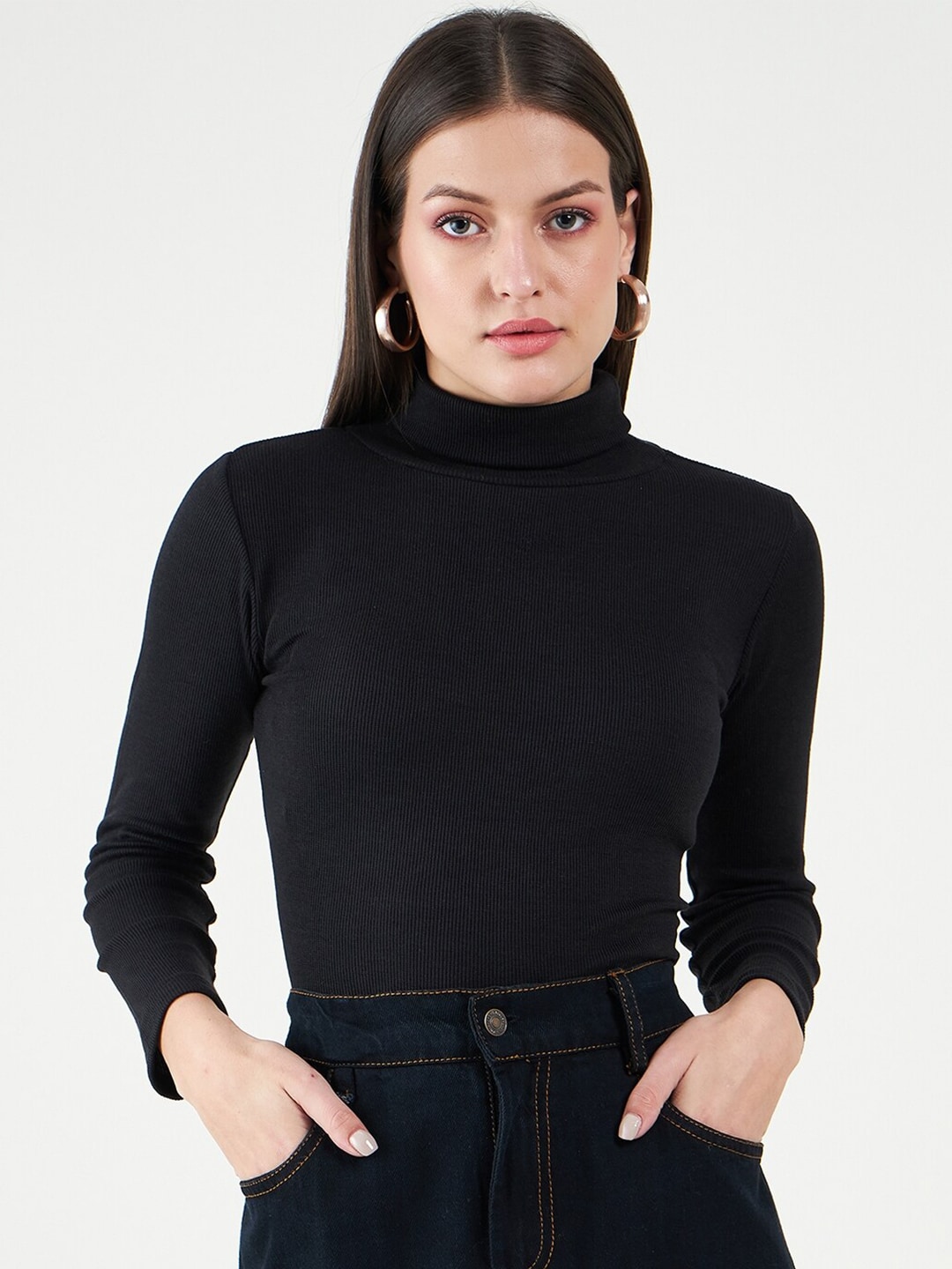 Bitterlime Long Sleeves Turtle Neck Cotton Fitted Top Price in India