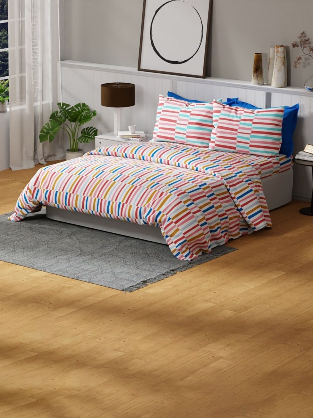 United Colors of Benetton United Colors of Benetton Rainbow Red Geometric Pure Cotton Skin-Friendly 144 TC Queen Bedsheet with 2 Pillow Covers-108 x 90 inches