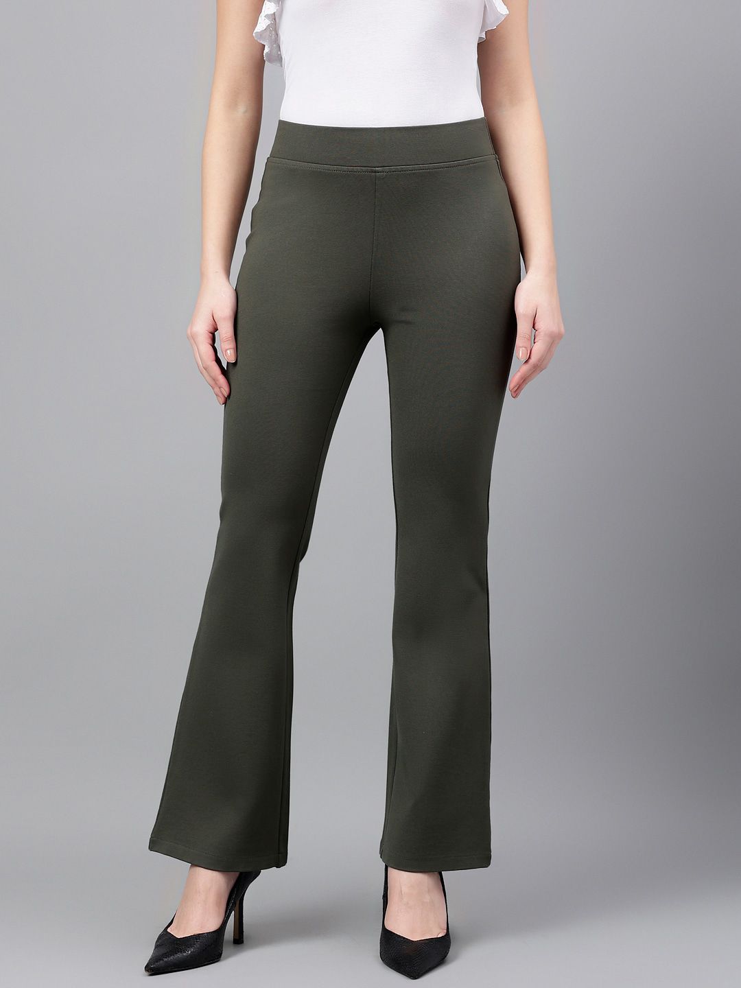 Xpose Women Olive Green Comfort Flared High-Rise Trousers