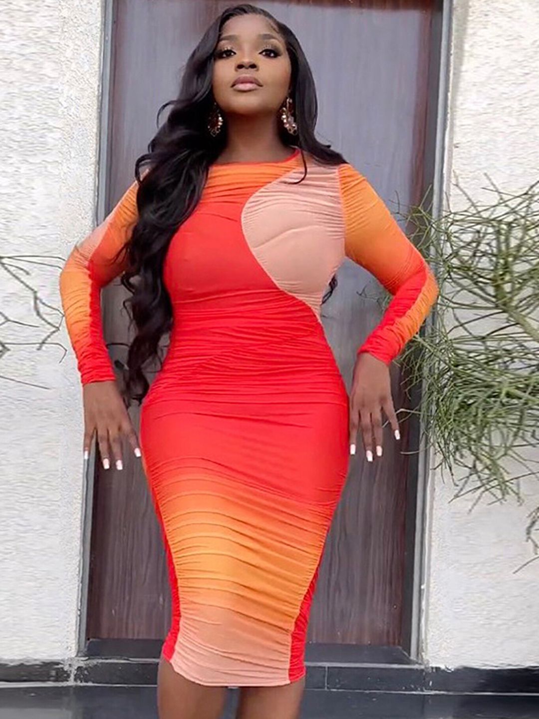 bright orange mesh ruched bodycon dress Sassy Shortcake Crush Rush Dress