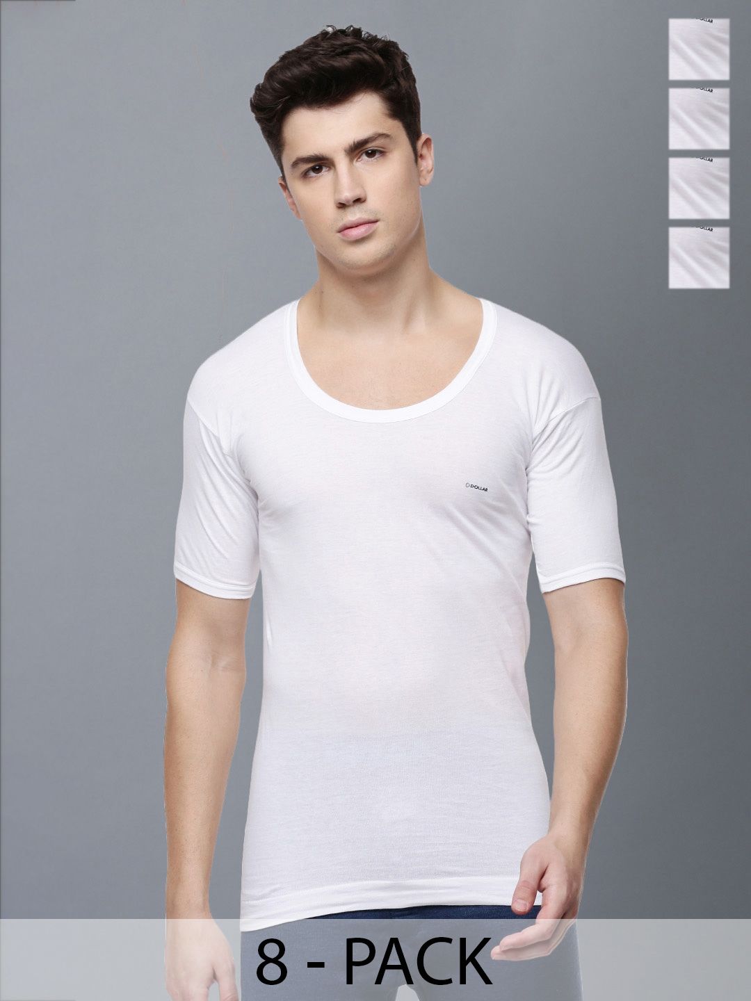 Dollar Lehar Men Combed Cotton Round Neck With Sleeve Vest -Pack of 8- White