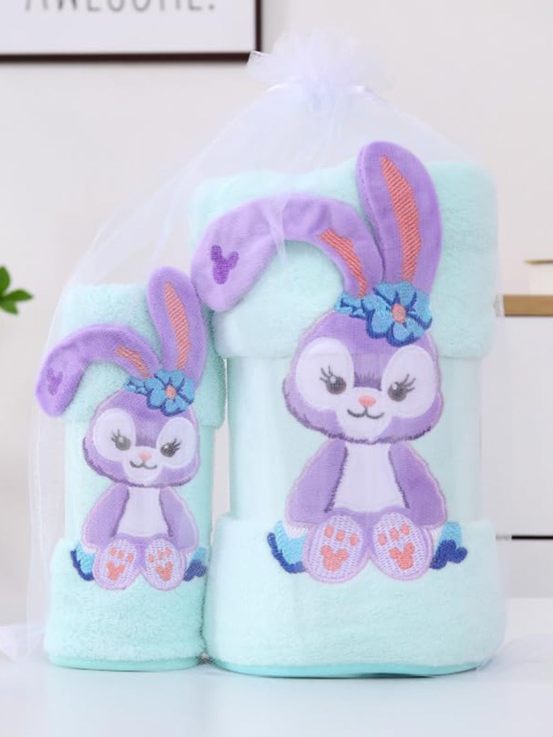 HomeCloud Sea Green & Purple 2 Pieces Rabbit Design 400 GSM Towels