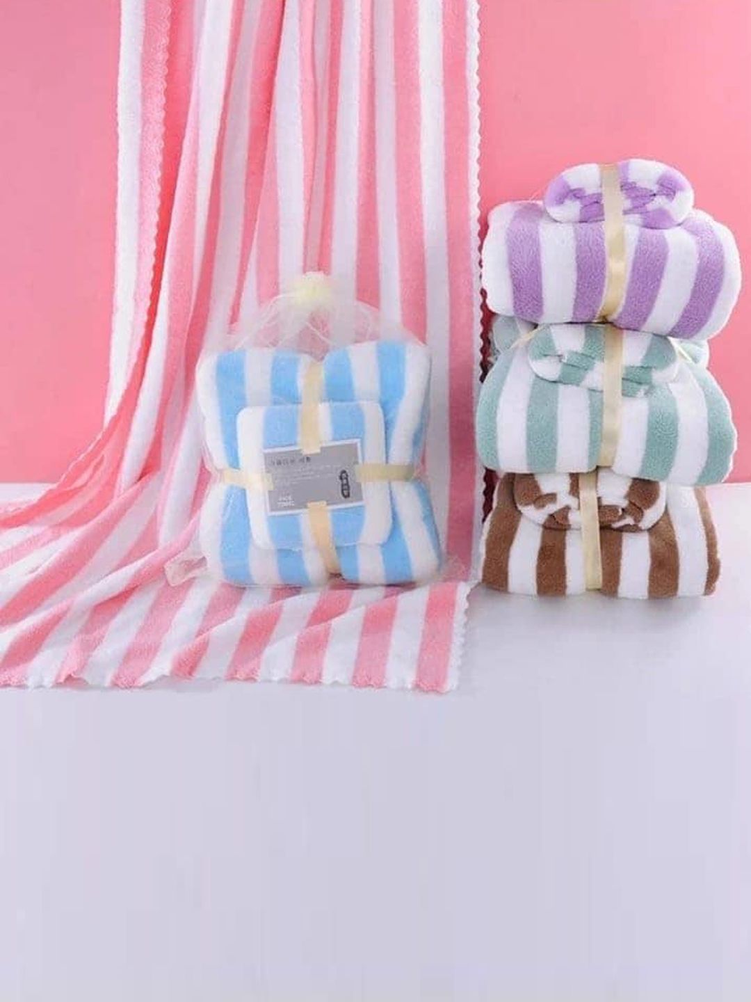 HomeCloud Pink & White 2 Piece Striped Cotton 400 GSM Towel Set