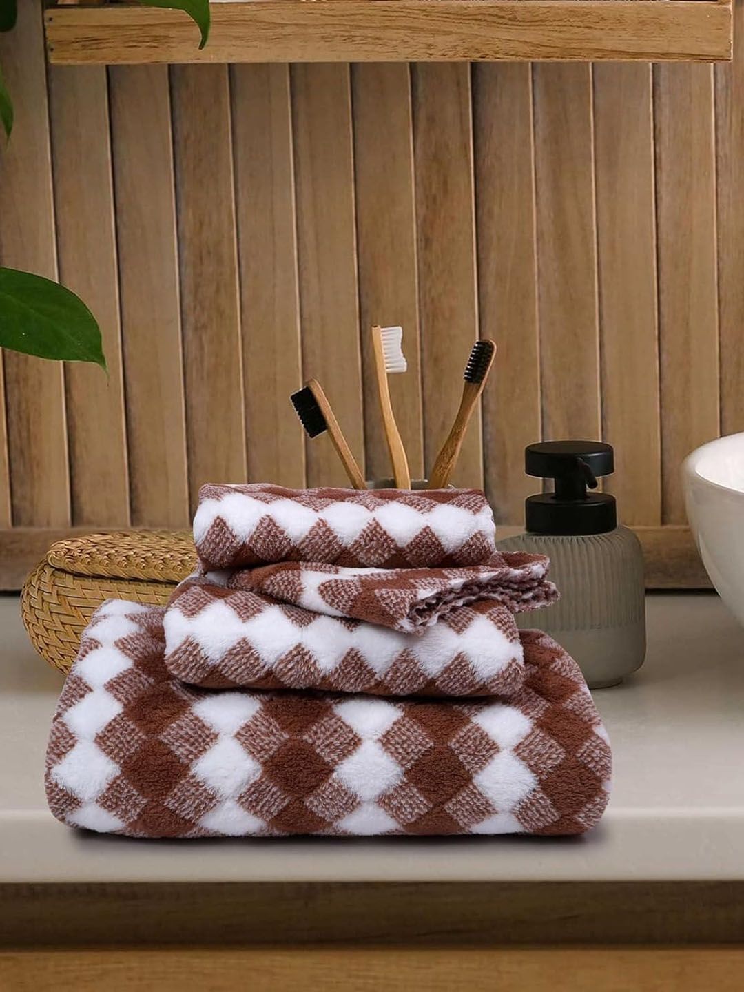 HomeCloud Brown & White 3 Piece Microfiber 400 GSM Towel Set