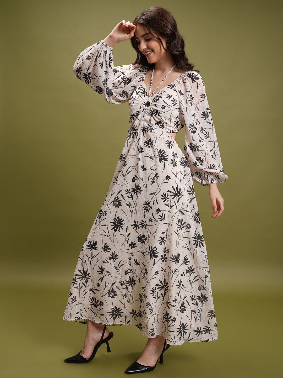 Tokyo Talkies Off White Floral Printed Tie Up Neck Puff Sleeve Cut Out Maxi Dress Price in India