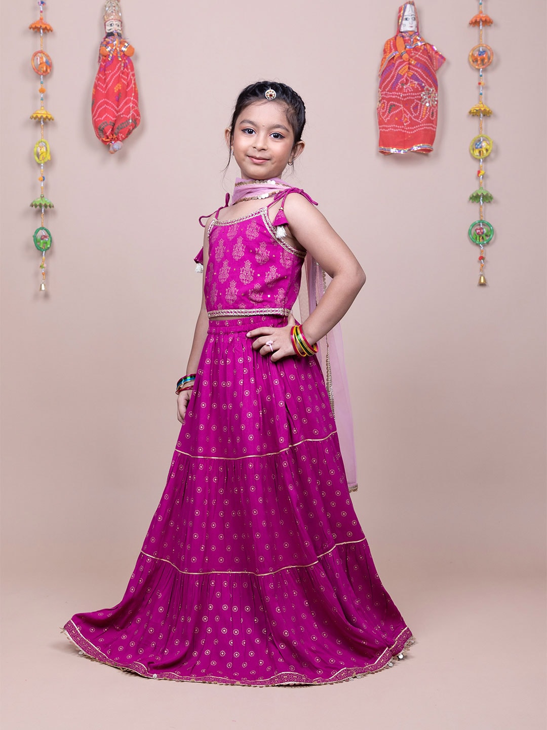HERE&NOW Girls Pink Printed Ready to Wear Lehenga & Blouse With Dupatta Price in India