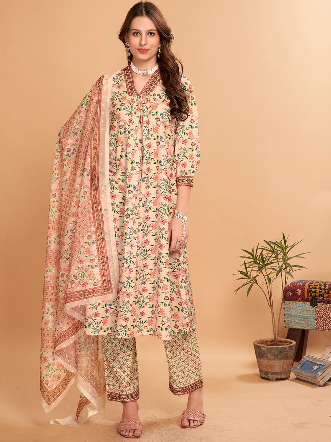 Anouk Women Peach-Coloured Floral Printed Regular Kurta with Trousers & With Dupatta Price in India