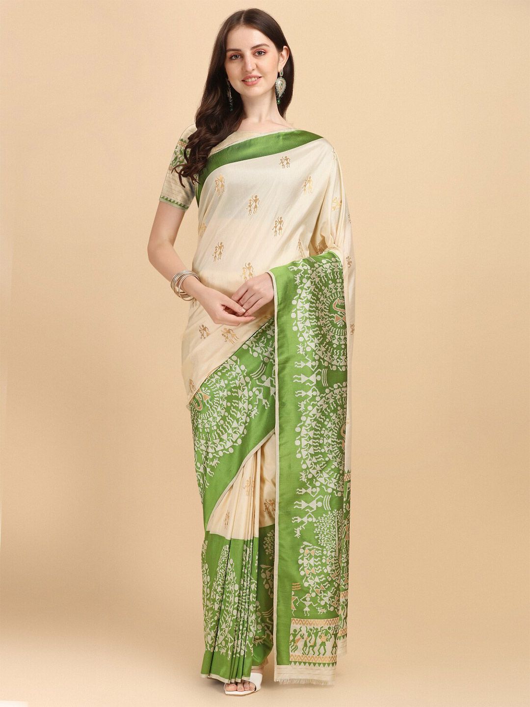 NK Textiles Cream-Coloured & Green Warli Handloom Kasavu Saree Price in India