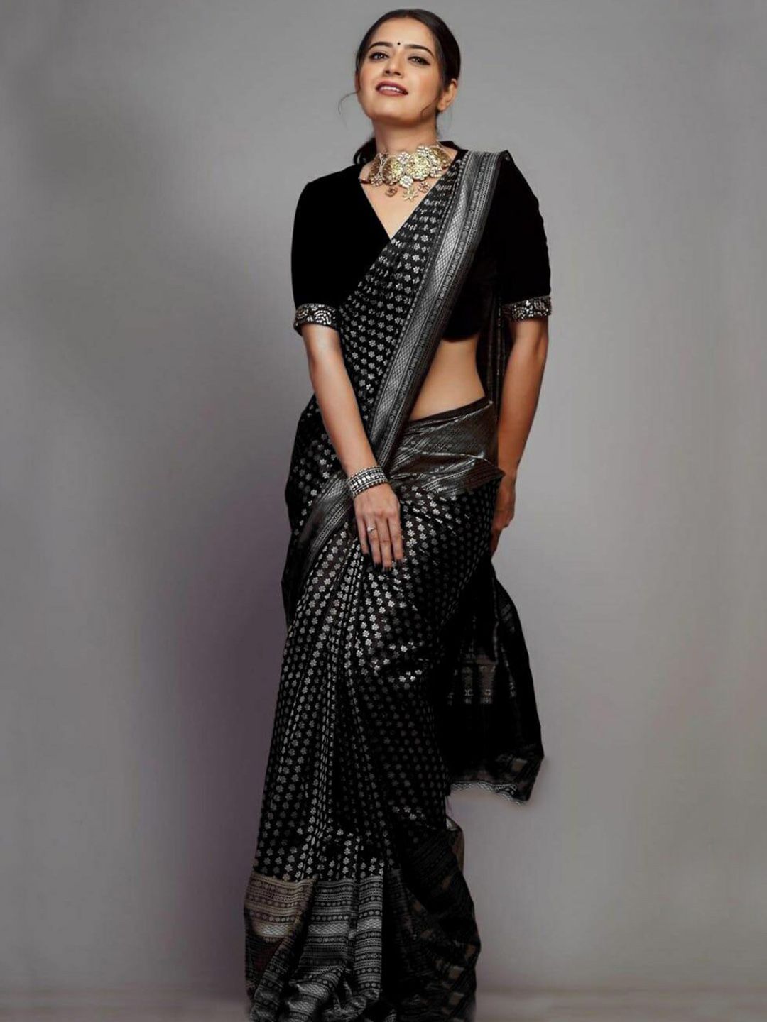 KALINI Black Silk Blend Designer Kanjeevaram Saree Price in India