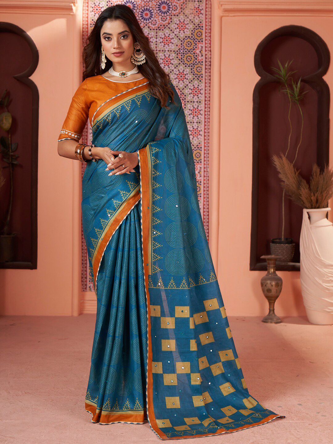 Saree mall Blue Mirror Work Pure Cotton Designer Sarees Price in India