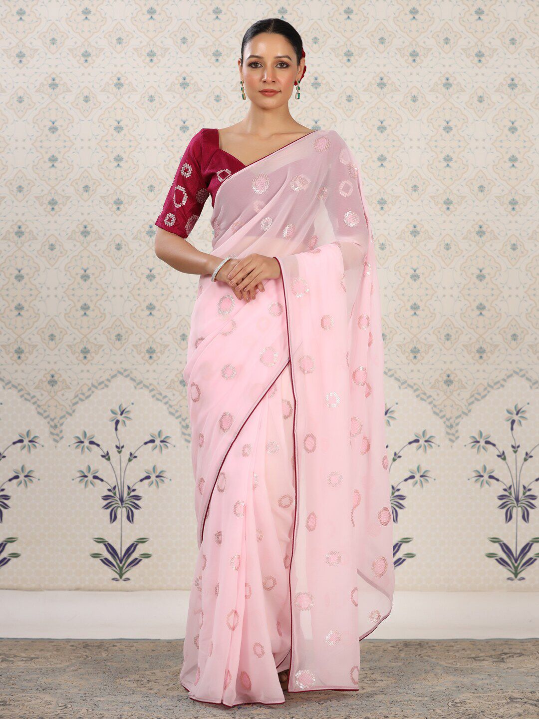 Ode by House of Pataudi Pink Sequinned Poly Georgette Designer Saree Price in India