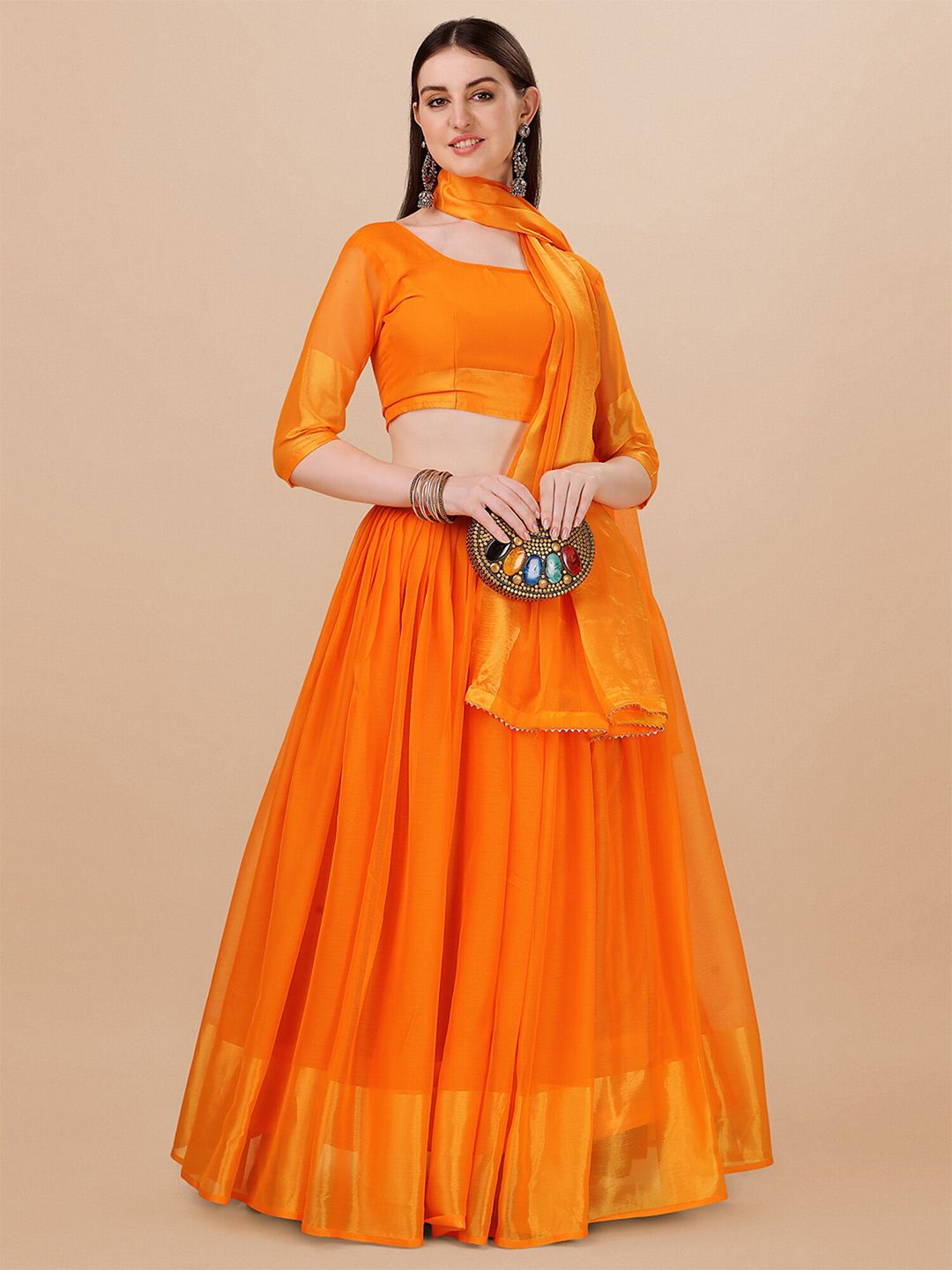 N ENTERPRISE Orange Semi-Stitched Lehenga & Unstitched Blouse With Dupatta Price in India