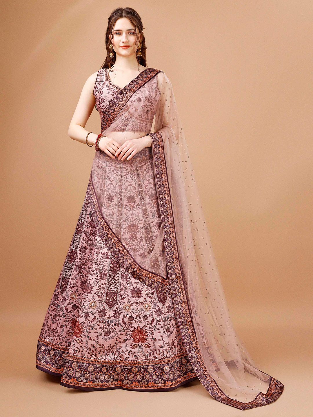 SAPTRANGI Pink Printed Ready to Wear Lehenga & Blouse With Dupatta Price in India