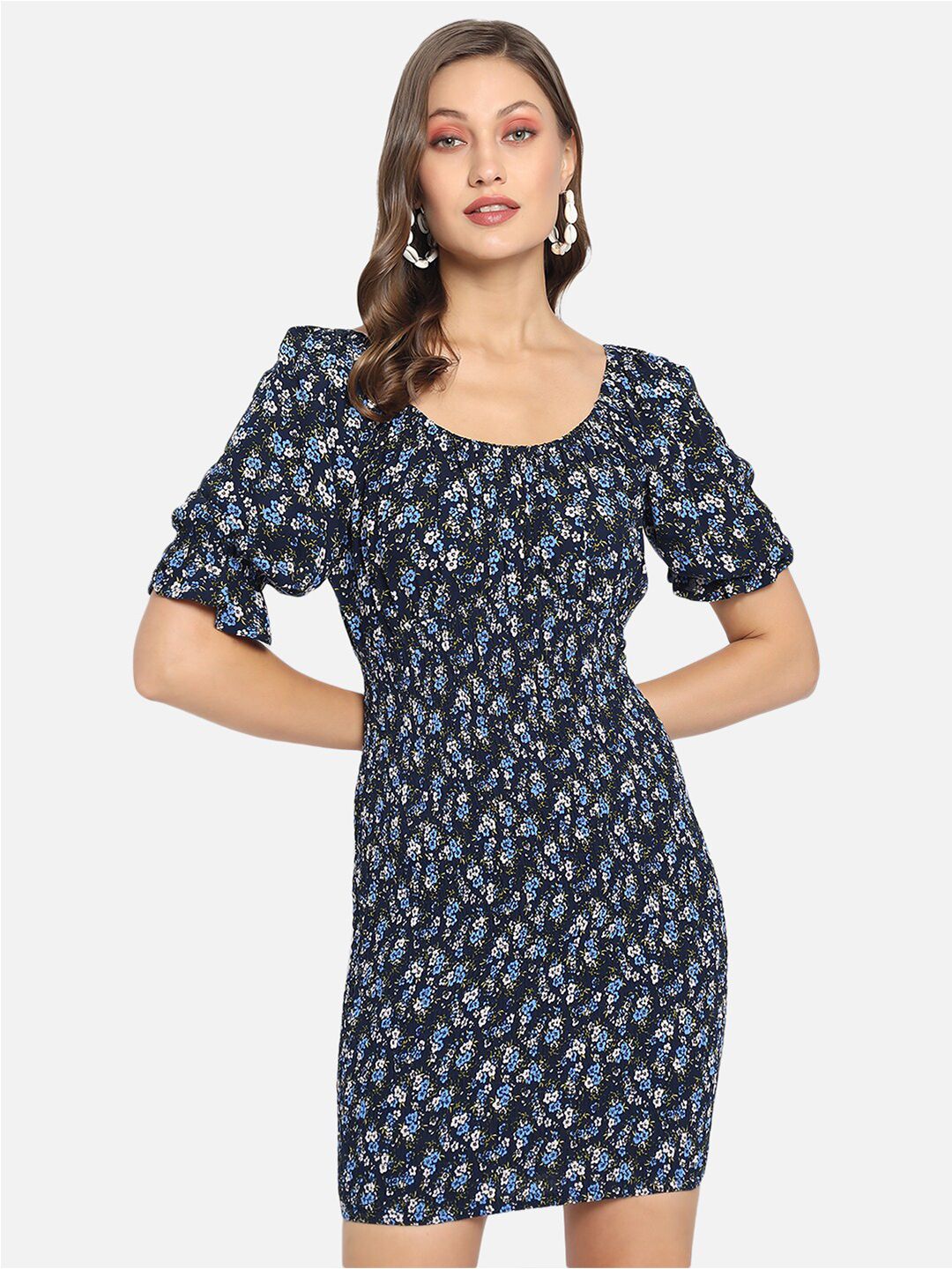 Trend Arrest Blue Floral Print Puff Sleeve Sheath Dress Price in India