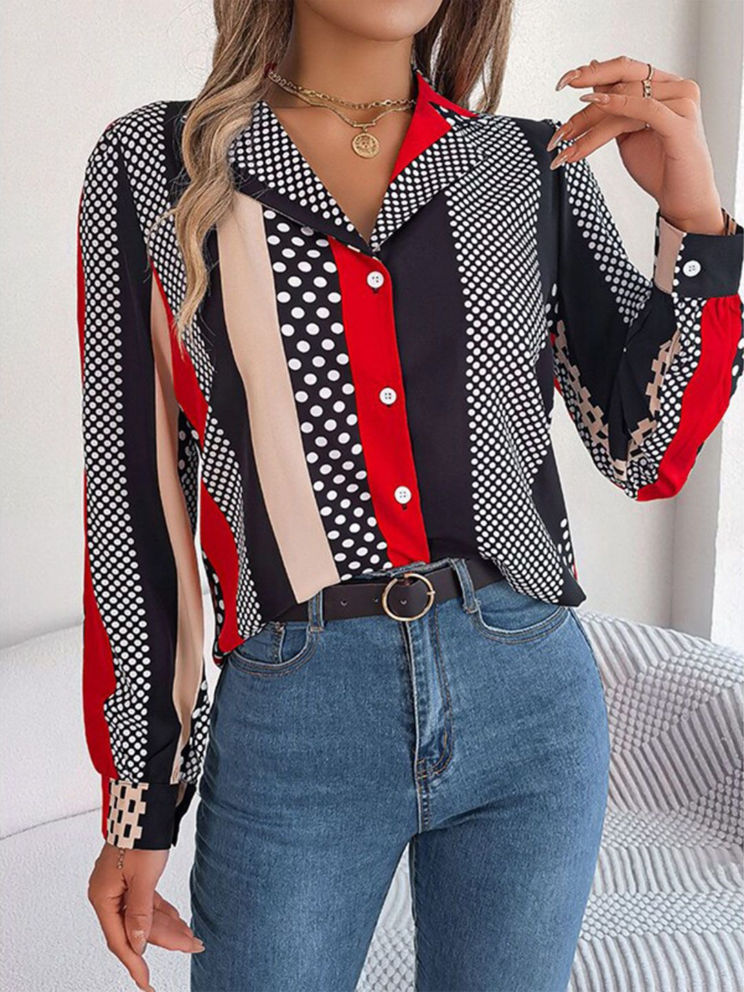 StyleCast Women Red Polka Dot Opaque Colourblocked Casual Shirt Price in India