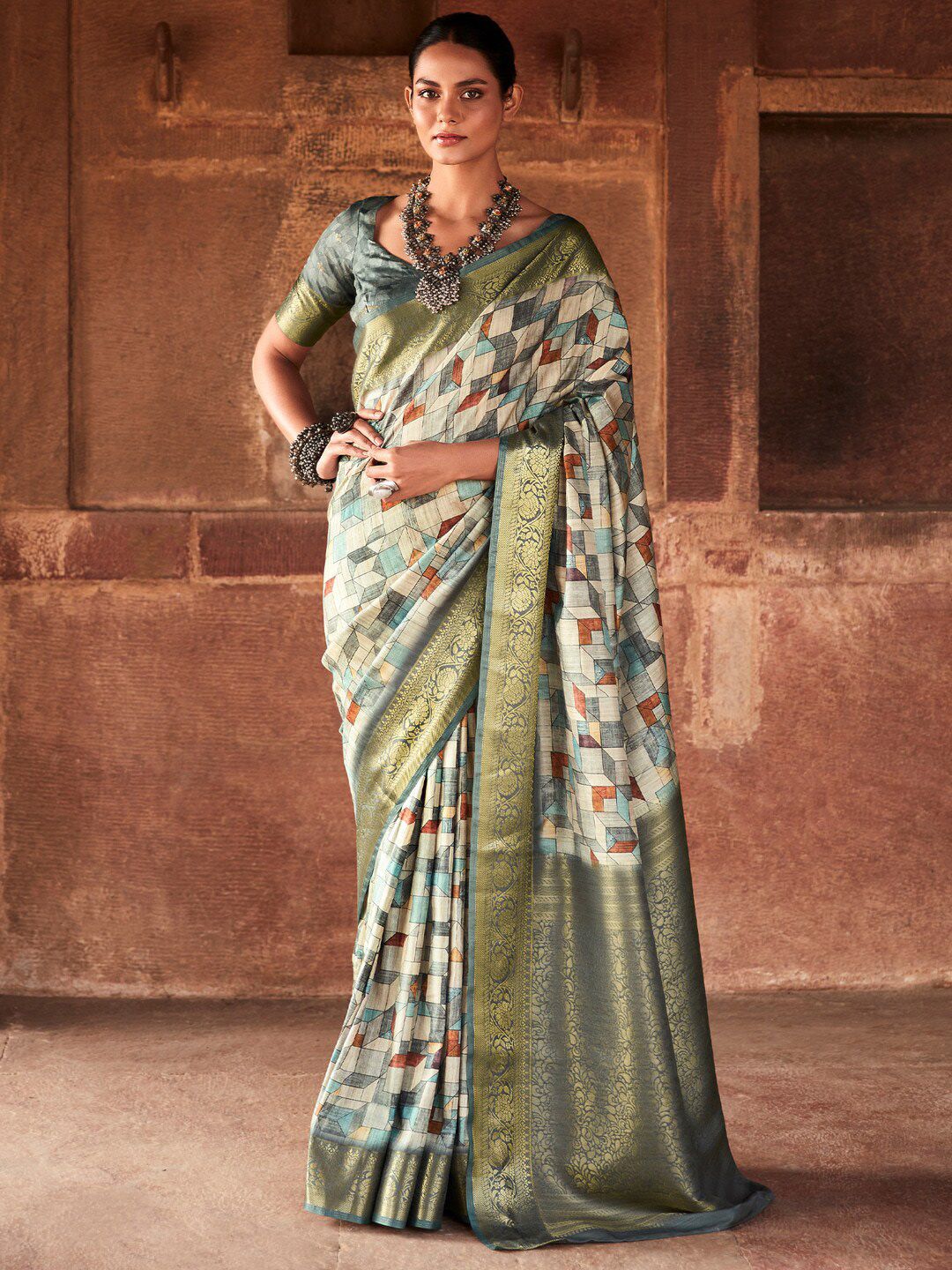 Mitera Grey Silk Blend Designer Banarasi Saree Price in India