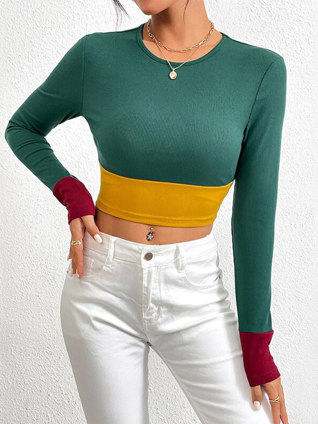 StyleCast Green Colourblocked Extended Sleeves Crop Top