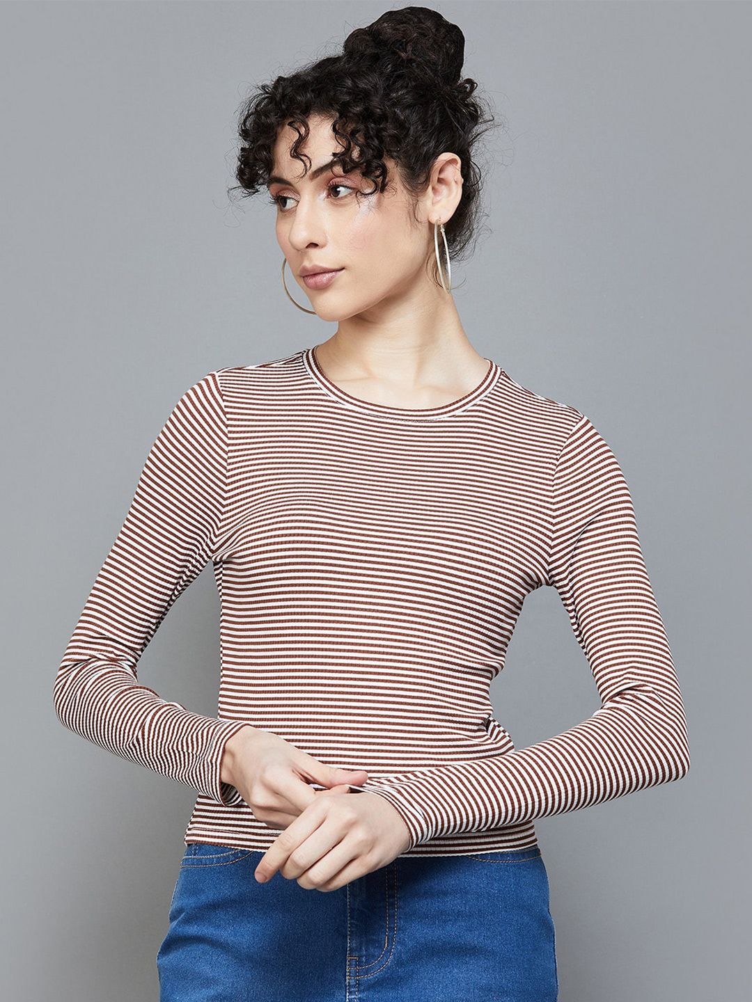 Ginger by Lifestyle Striped Round Neck Long Sleeves Tshirt Price in India