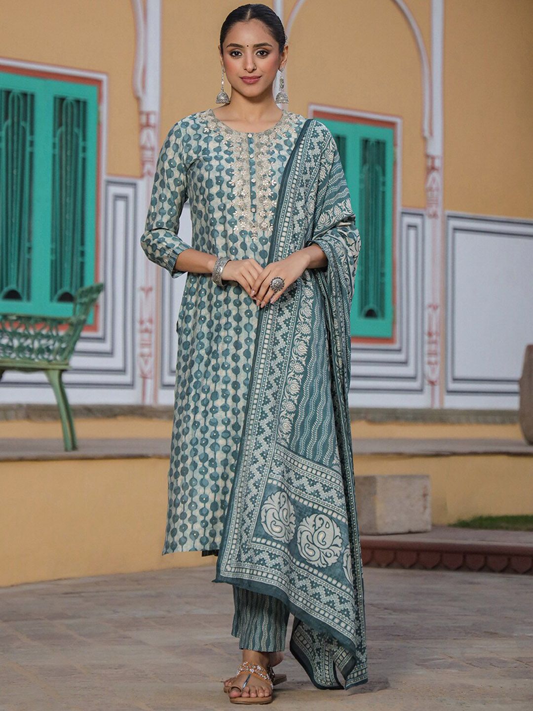 AHIKA Women Green Ethnic Motifs Printed Regular Zardozi Kurta with Trousers & With Dupatta Price in India