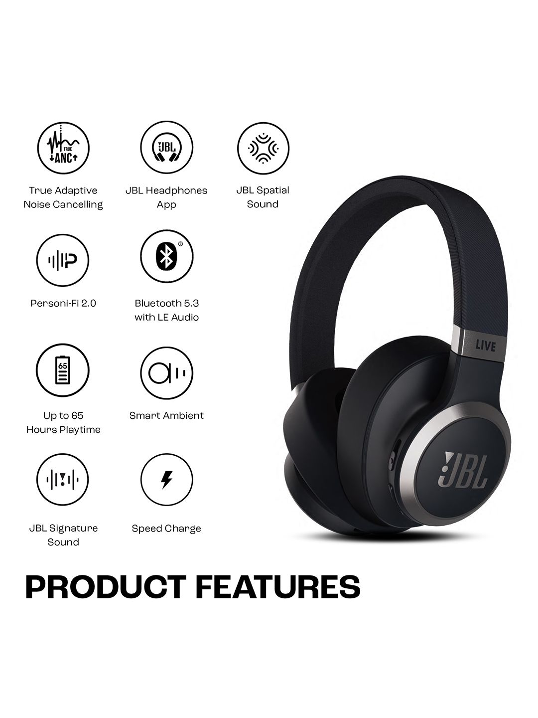 Buy JBL Black Live 770NC with ANC Wireless Over Ear 65Hrs Playtime