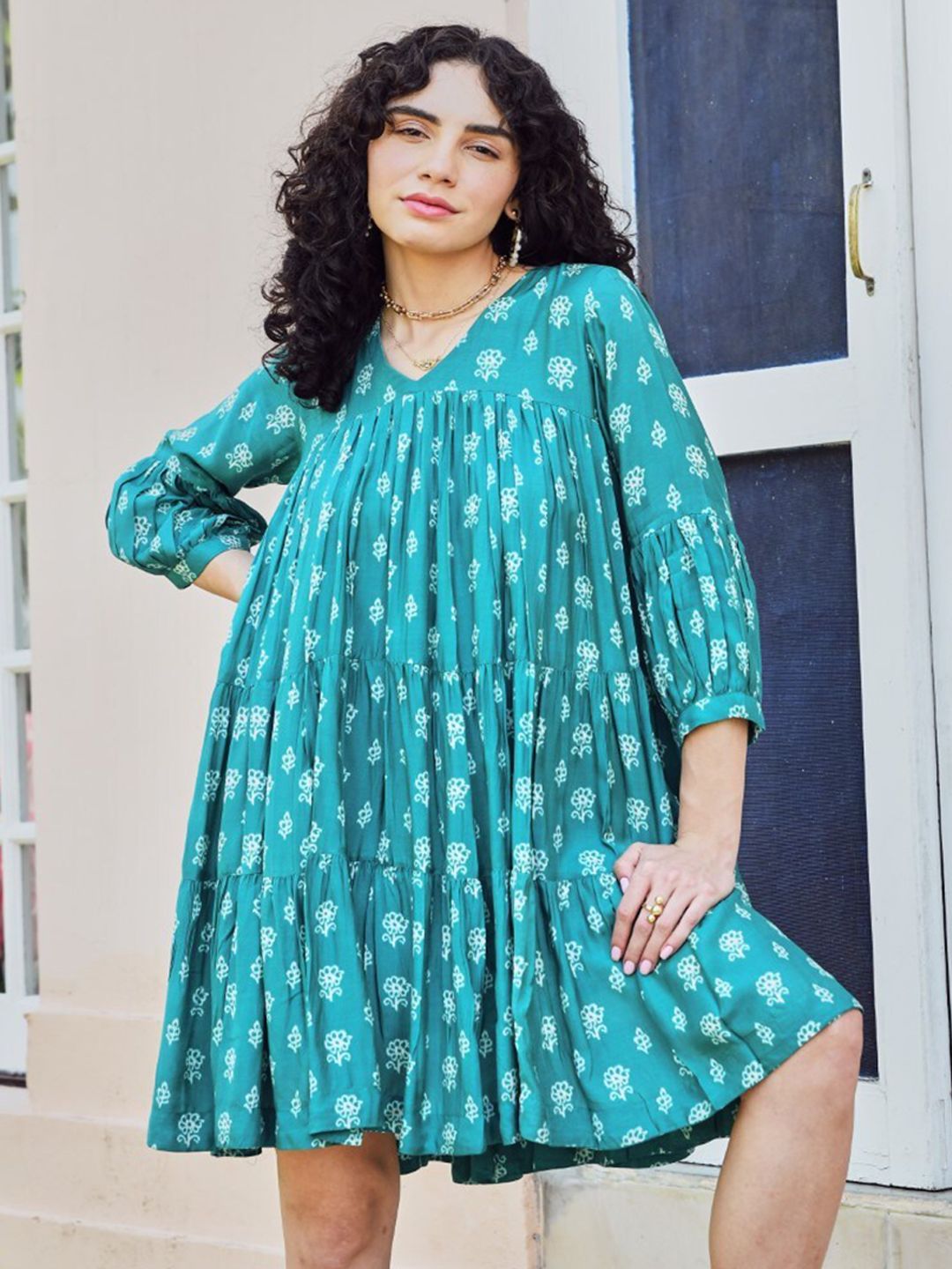 KARAJ JAIPUR Printed Tiered Mini Dress Price in India