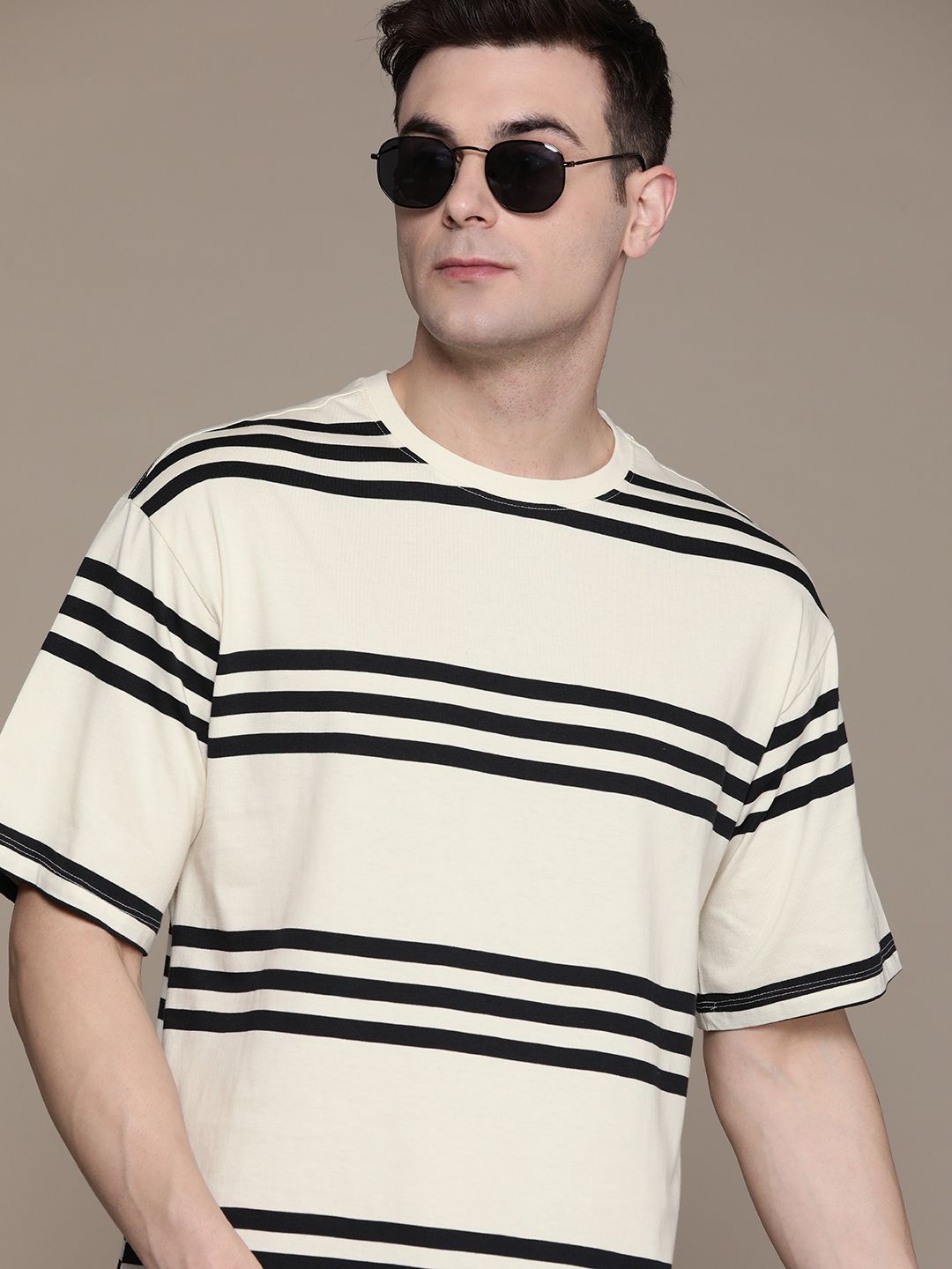 The Roadster Lifestyle Co. Striped Drop-Shoulder Sleeves Pure Cotton Relaxed T-shirt
