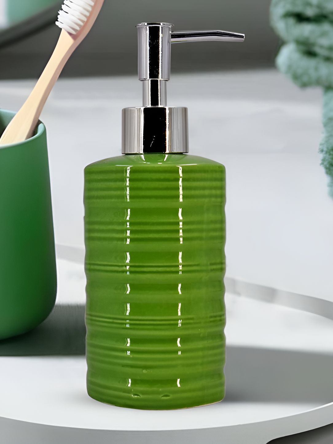 Kookee Green Abstract Ceramic Glossy Soap Dispenser