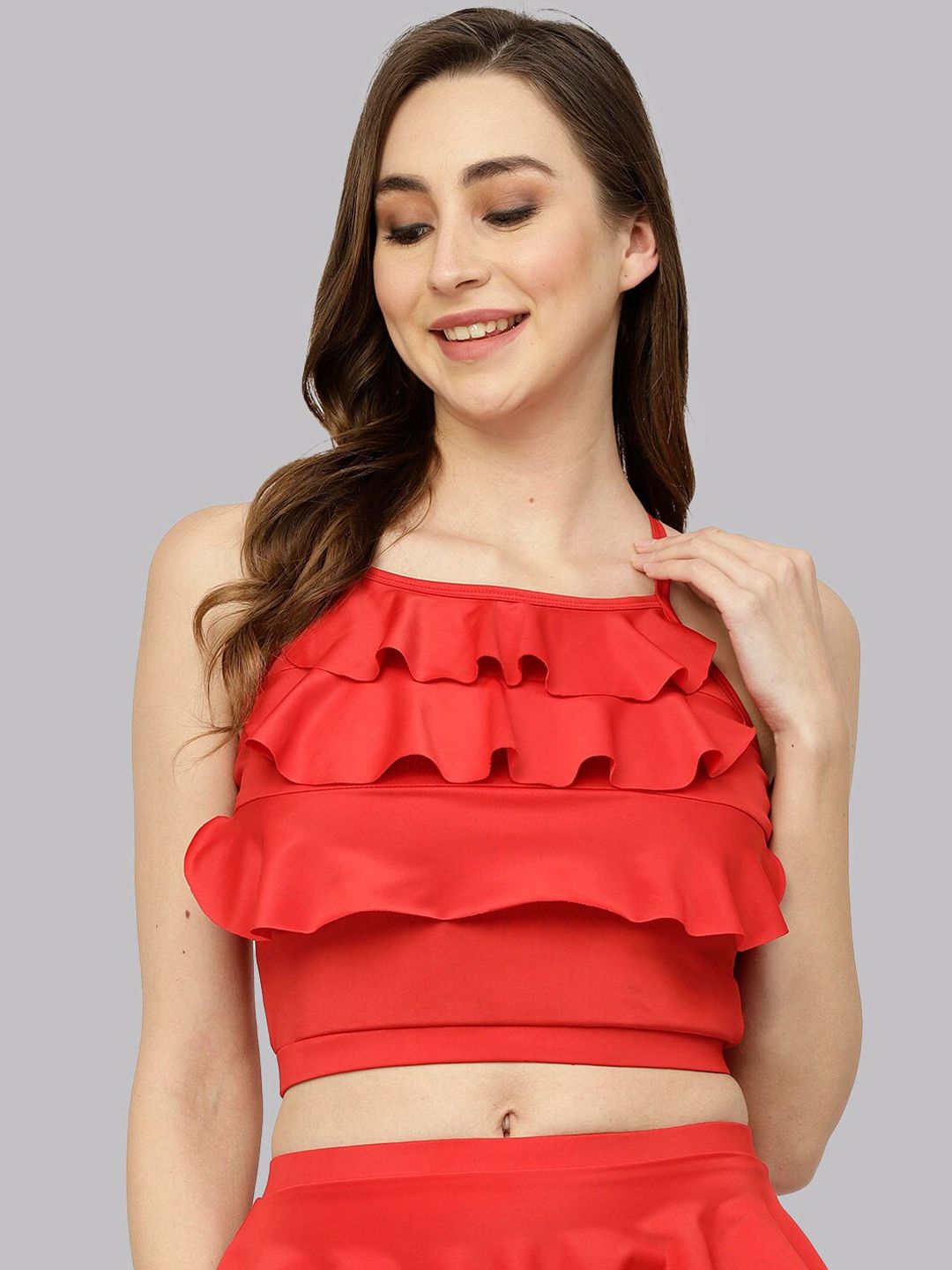 CUKOO Halter Neck Relaxed Fit Padded Frill Swim Tops