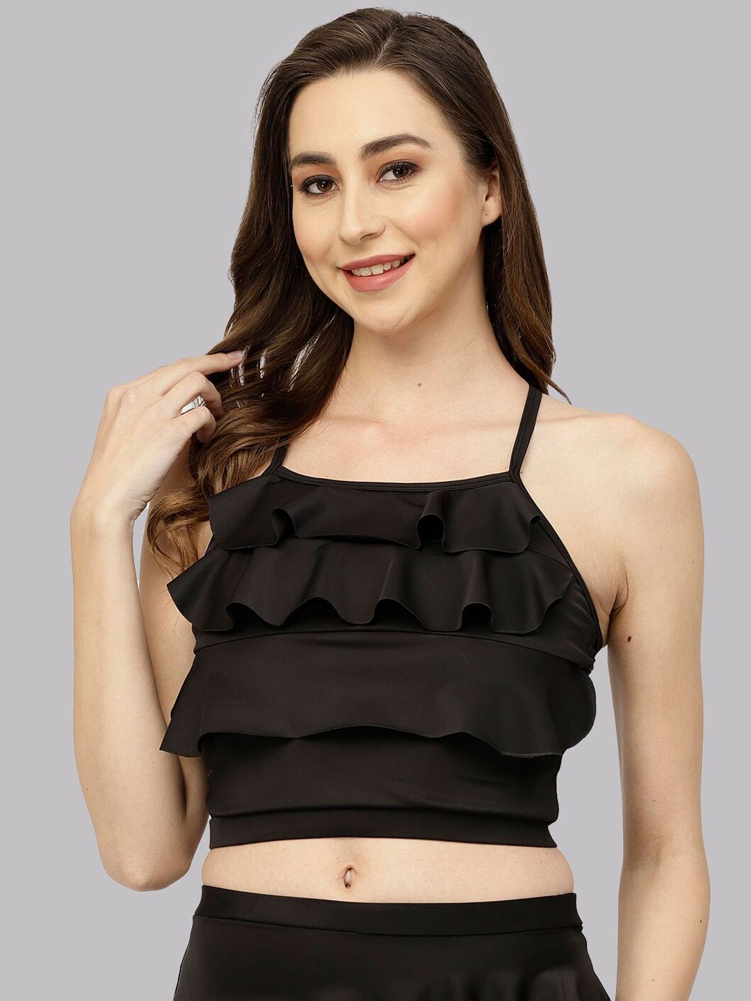 CUKOO Shoulder Straps Padded Frill  Swim Top