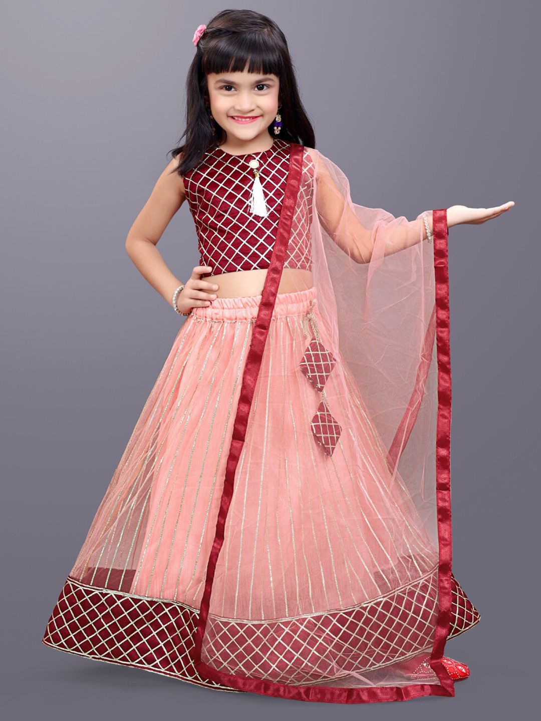 BAESD Girls Orange & Maroon Embroidered Ready to Wear Lehenga & Blouse With Dupatta Price in India