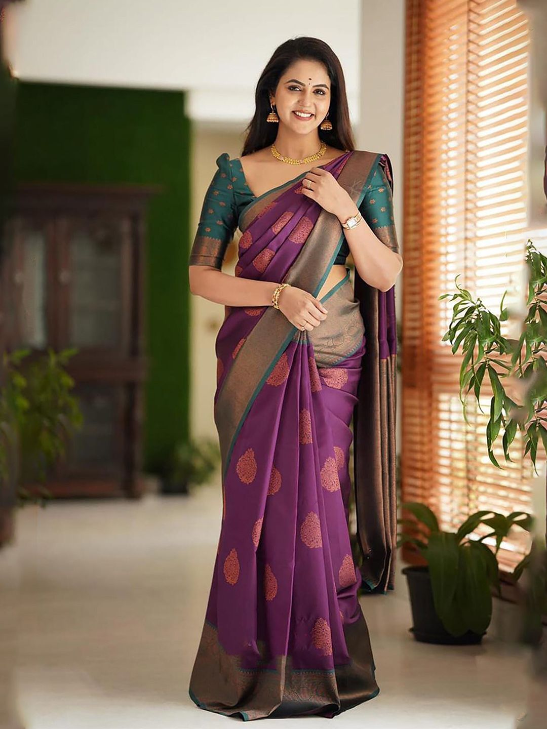 KALINI Purple Silk Blend Designer Kanjeevaram Saree Price in India