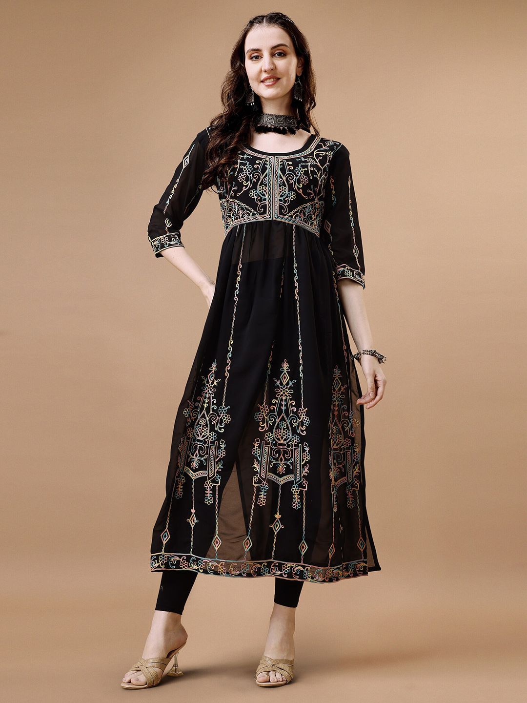 FabFairy Ethnic Motifs Embroidered Chikankari Detailed Pleated A-Line Kurta Price in India