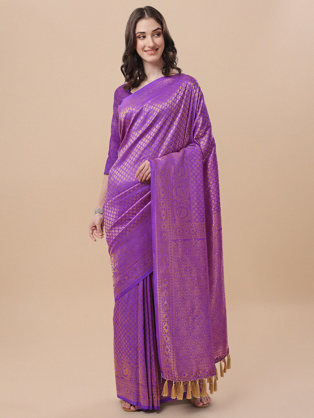 NK Textiles Purple Floral Silk Blend Designer Kanjeevaram Saree