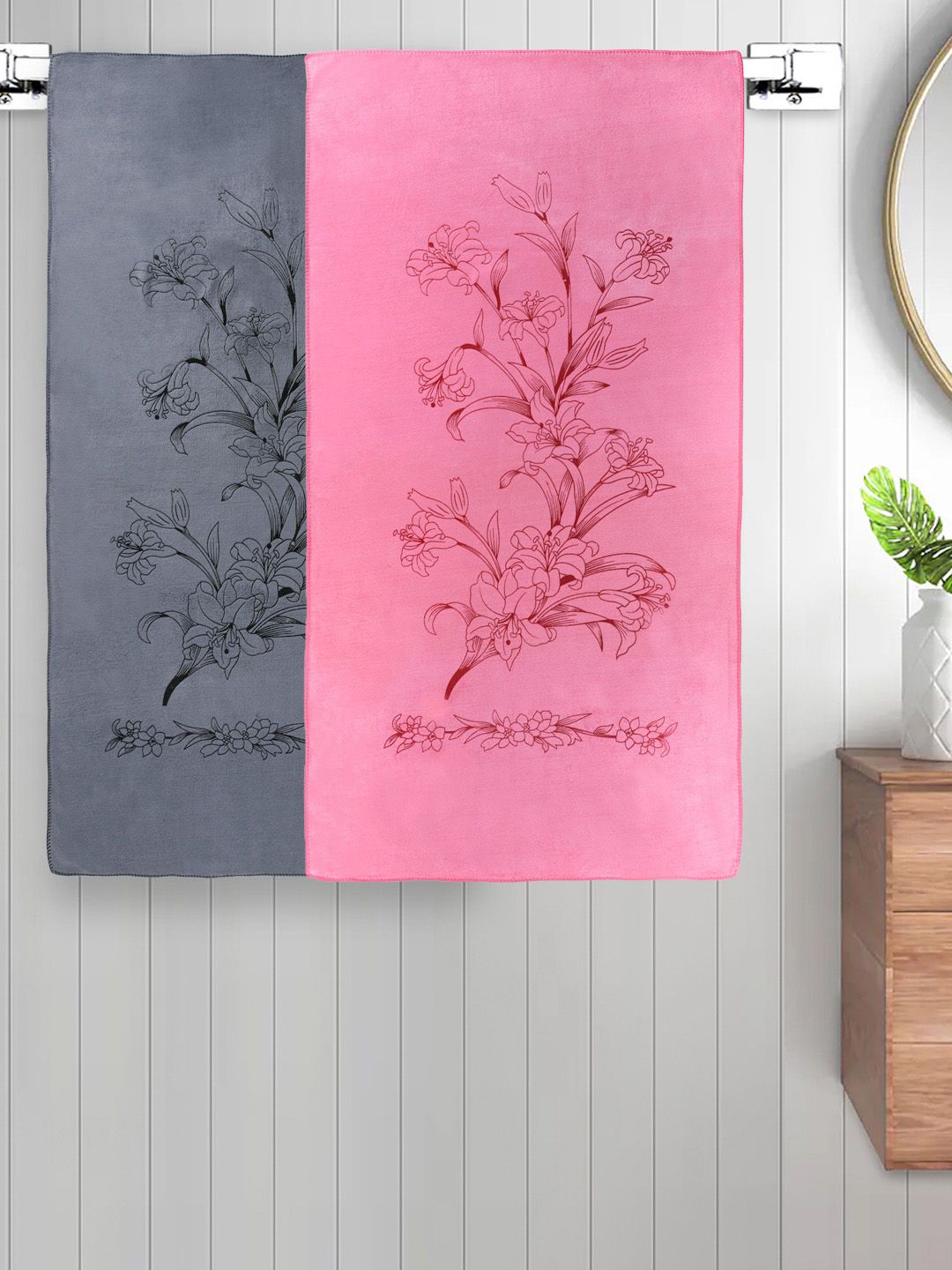 FABINALIV Grey & Pink 2 Pieces Kids Bath Towels