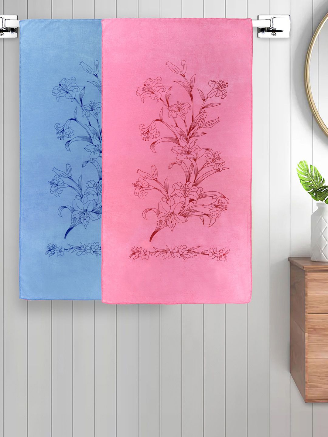 FABINALIV Blue & Pink 2 Pieces Printed Cotton 300 GSM Bath Towels