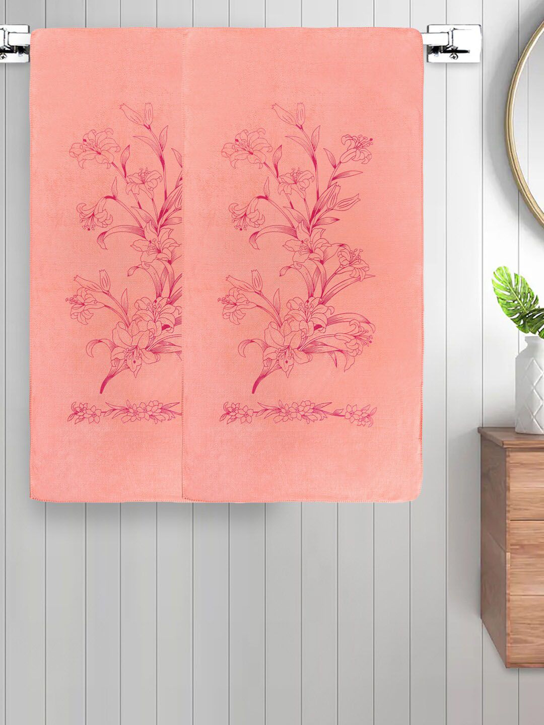 FABINALIV Peach 2 Pieces Printed Cotton 300 GSM Bath Towels