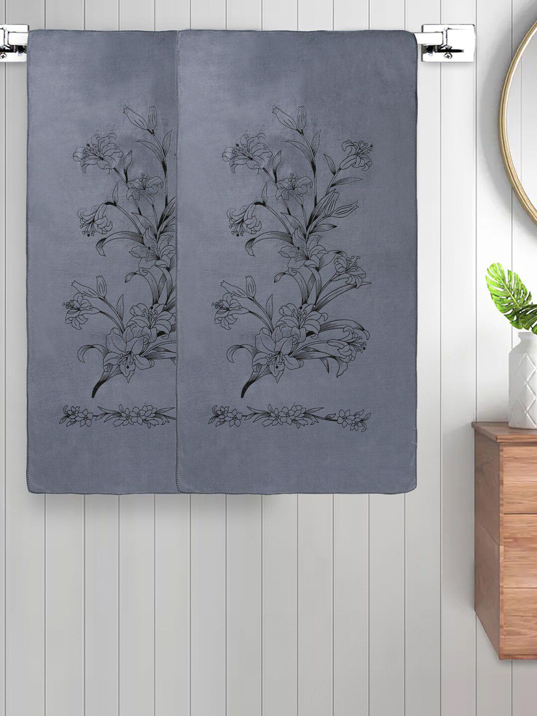 FABINALIV 2 Pieces Grey Floral Cotton 300 GSM Kids Bath Towels