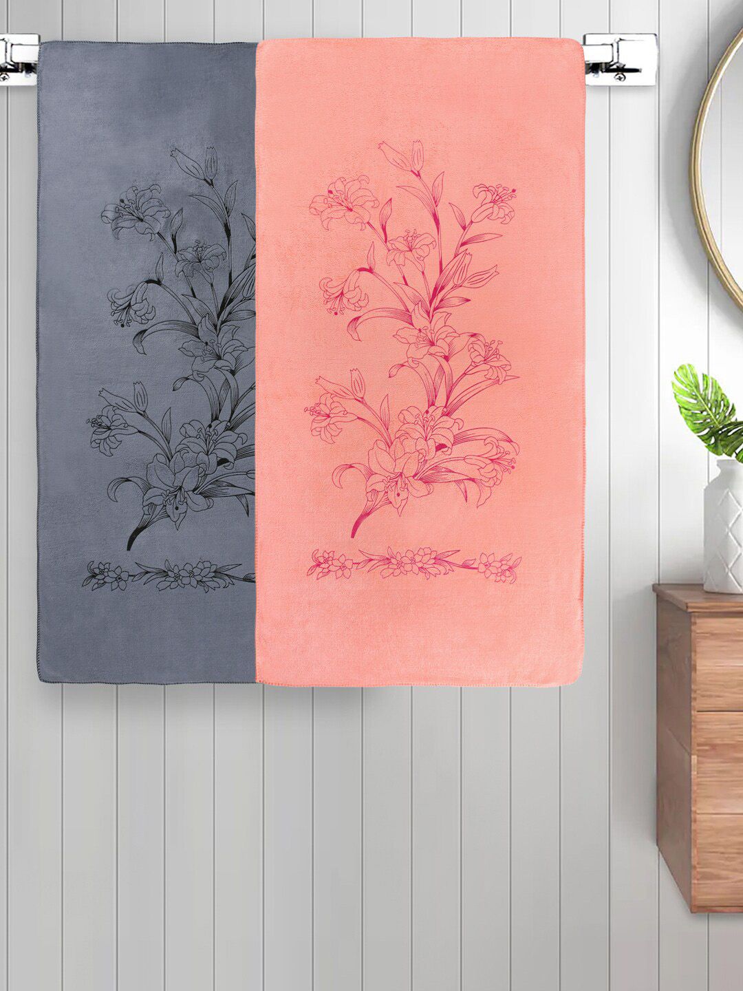FABINALIV Grey & Peach 2 Pieces Floral 300 GSM Cotton Kids  Bath Towels